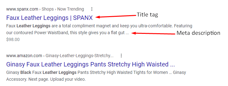 title tag and meta description for legging listings in search results