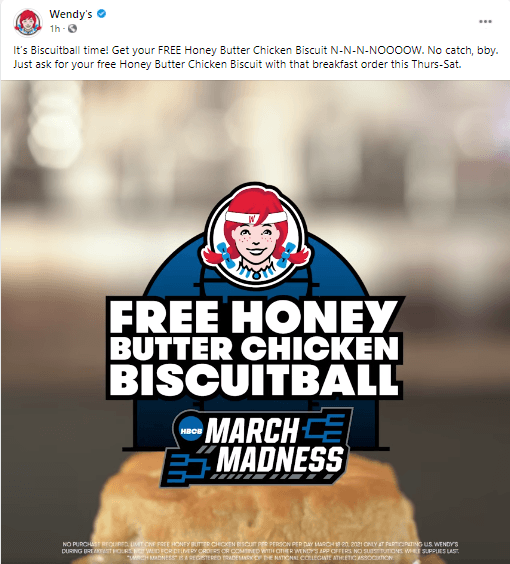 Social media post from Wendy's about giving away free butter chicken biscuits