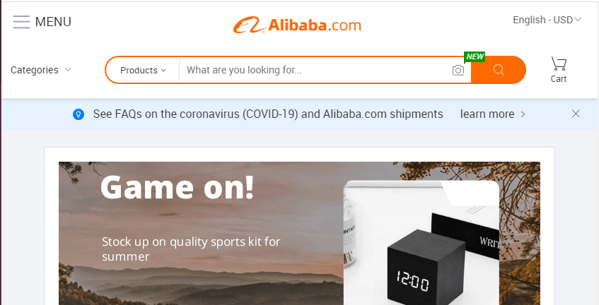 home page from Alibaba's website