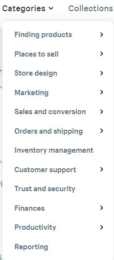 list of categories of apps to add to a Shopify store