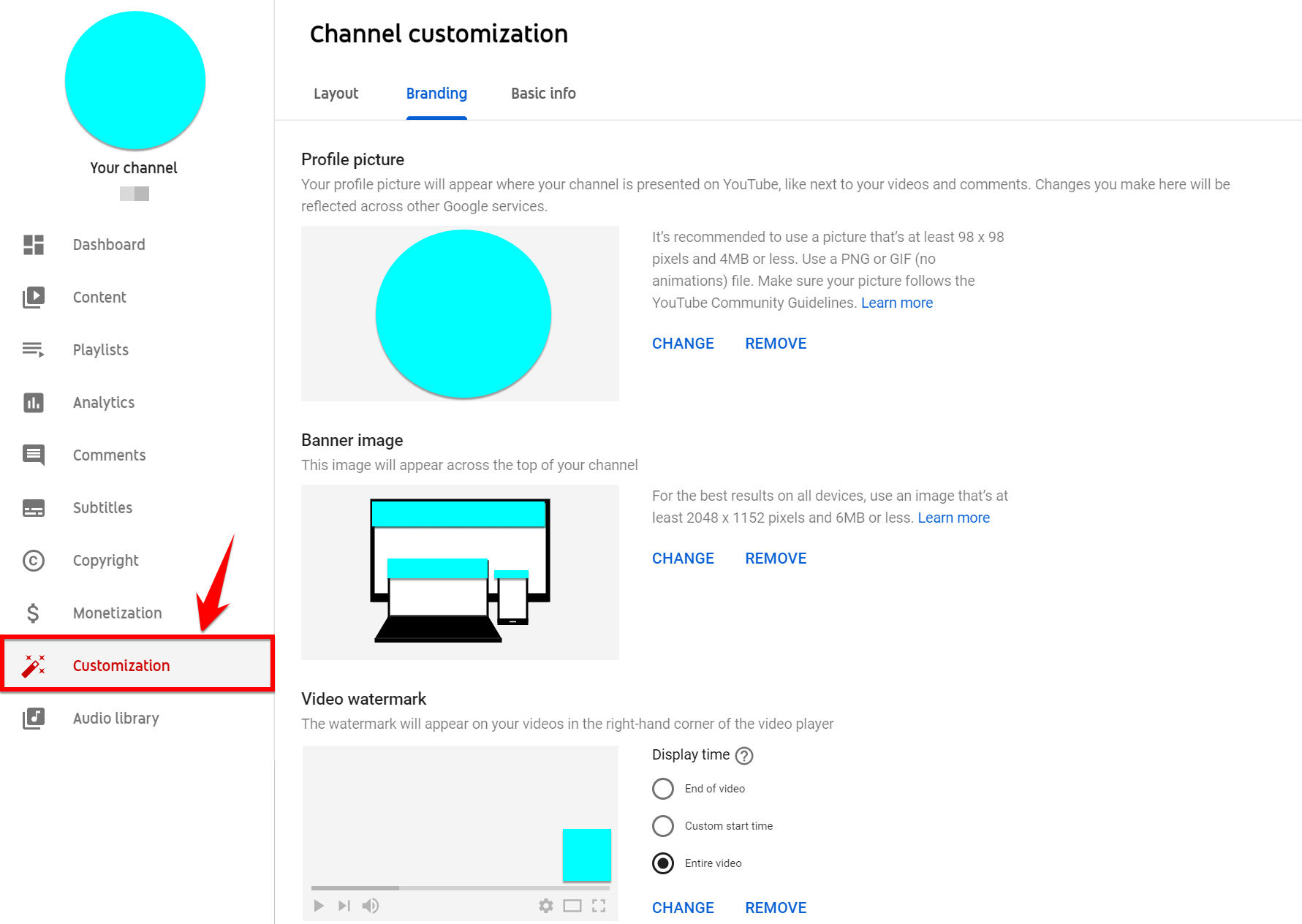 Channel graphics settings in YouTube