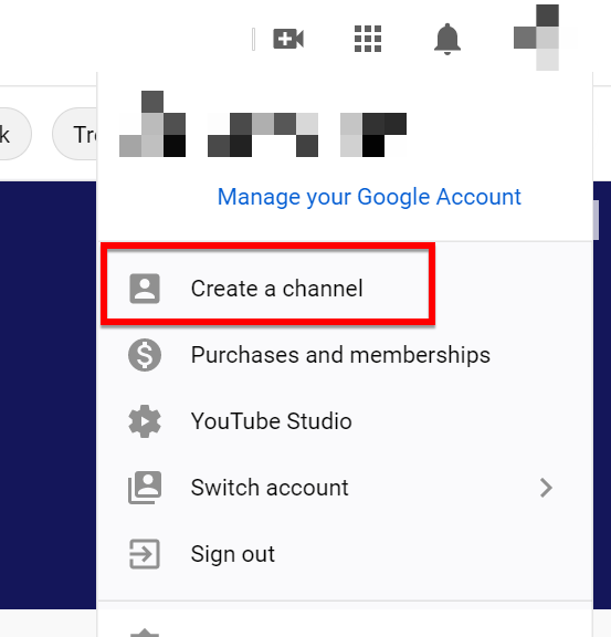 Create a channel button on YouTube