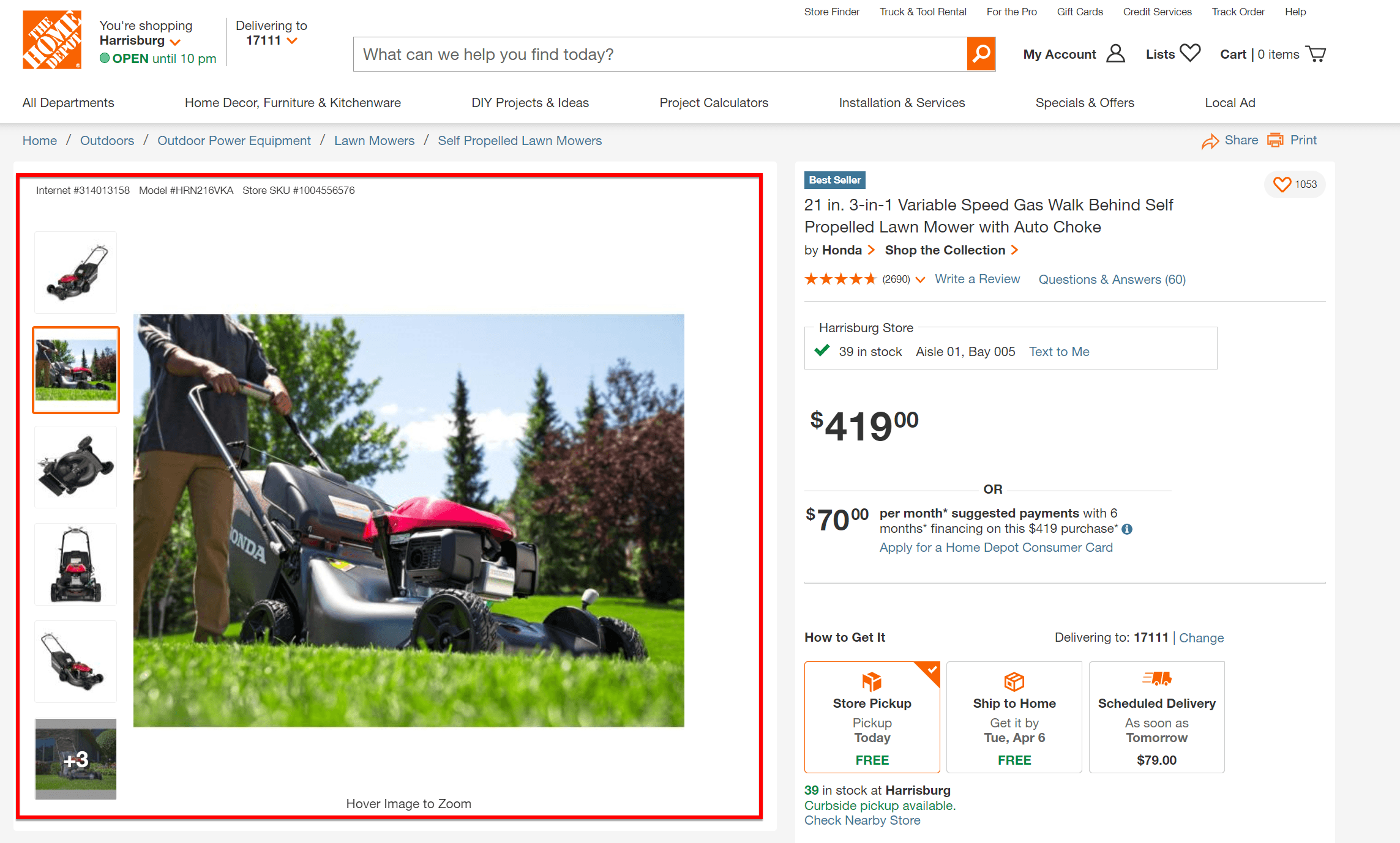 A product page for a lawn mower featuring photos from varying angles