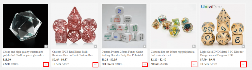 Product ads for dice from Alibaba