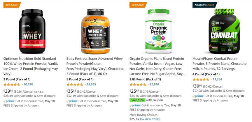 Amazon search results: Protein powder