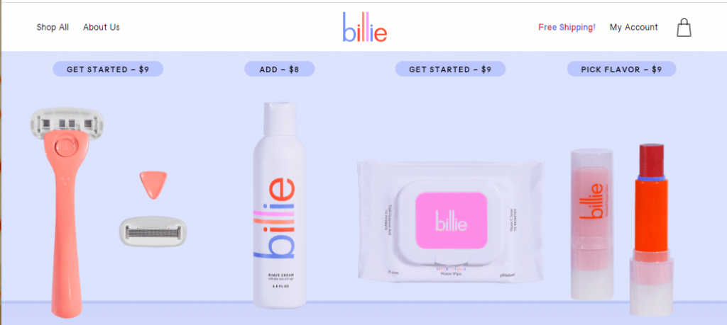 Billie's website featuring products like razors, wipes, and shaving cream