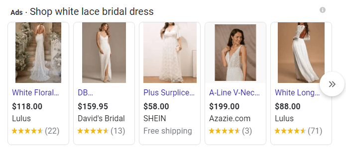 Google Shopping ads for white bridal dresses