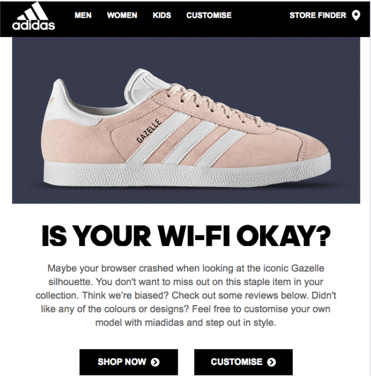 Cart abandonment email from Adidas featuring a pink sneaker