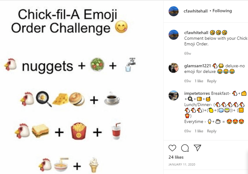 Post from Chick-fil-A asking people to share their orders with emojis