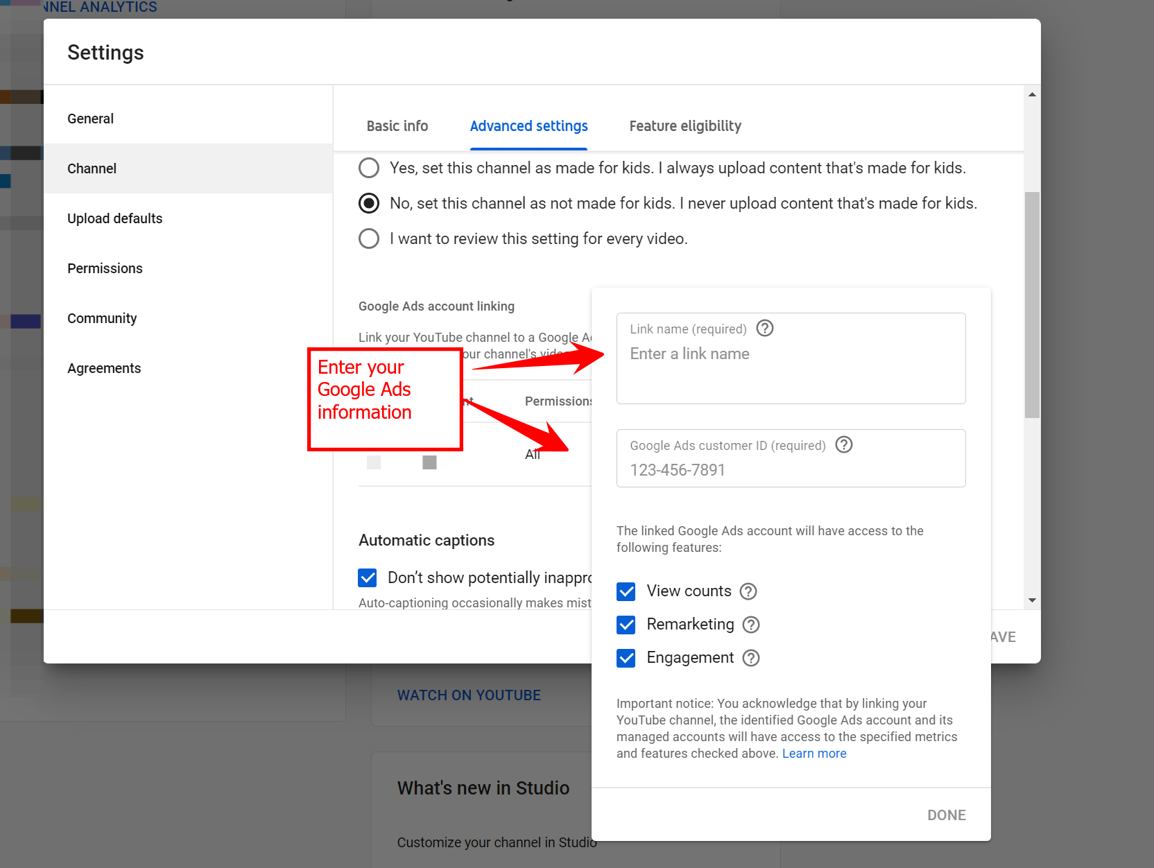 YouTube settings for linking to Google Ads