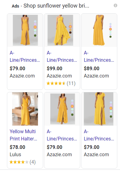 Google Shopping ads for a yellow dress on Google