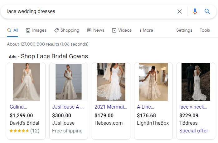 Google Shopping ads at the top of search results for bridal gowns