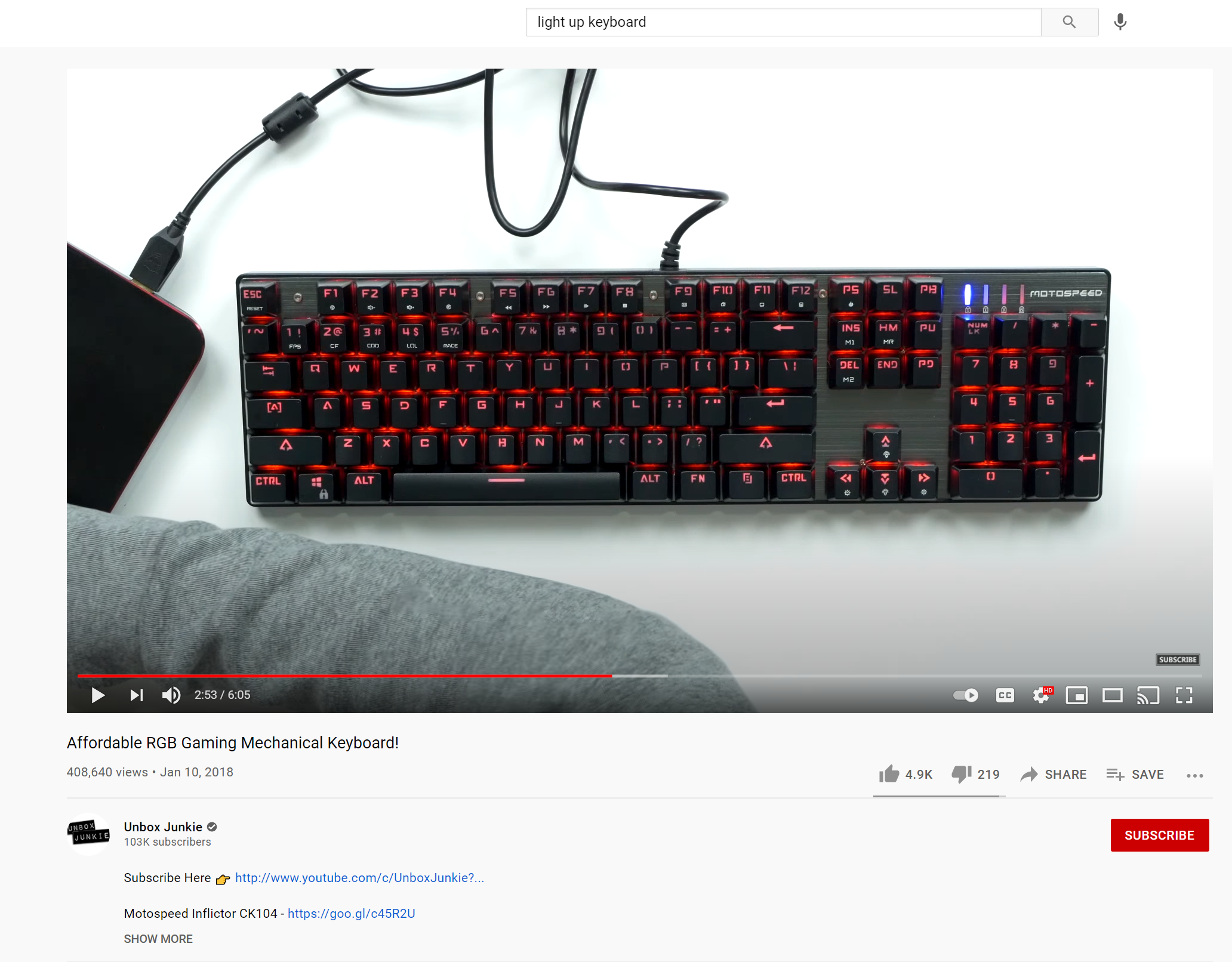 A YouTube video featuring a light up keyboard