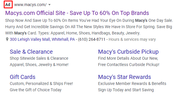 PPC ad for Macy's