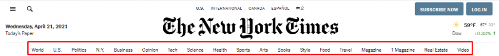 New York Times organized navigation bar categories