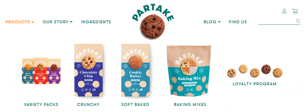 Partake's visual navigation featuring their products in the navigation