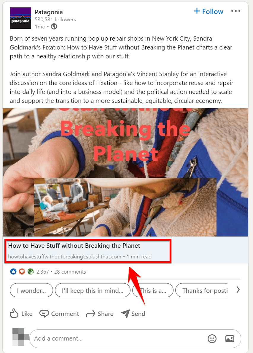 A LinkedIn post from Patagonia
