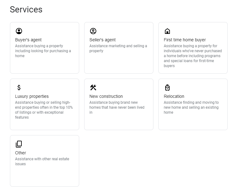 List of real estate services offered by a real estate company through Google Local Services ads