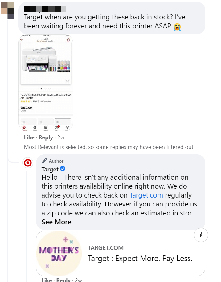 Target responding to a Facebook comment