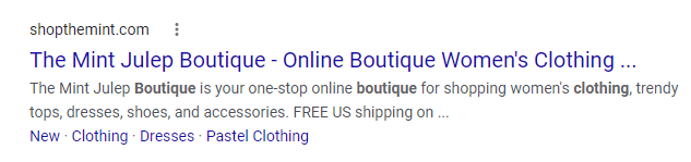 listing for a boutique in search results