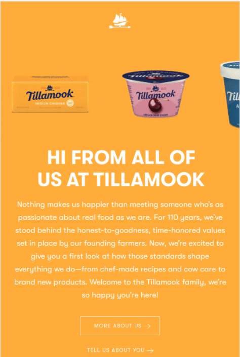 Welcome email Tilamook featuring their products