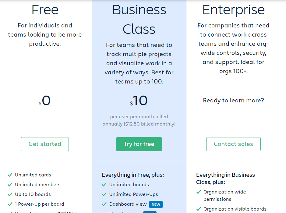 Example of a product table from Trello