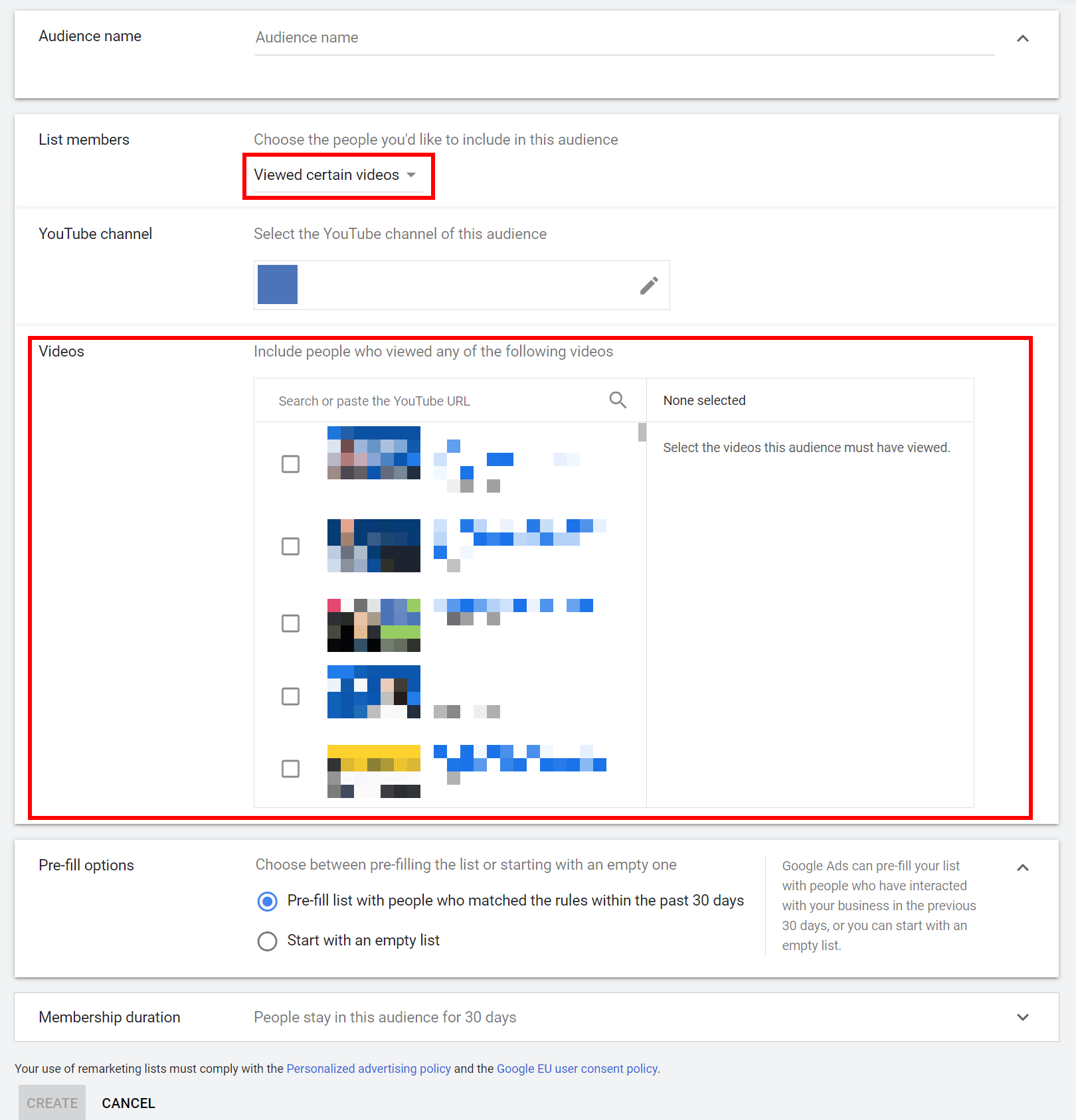 Choosing a YouTube remarketing audience that viewed certain videos on your channel