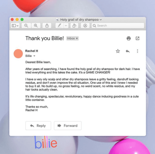 Email testimonial Billie shared on social media