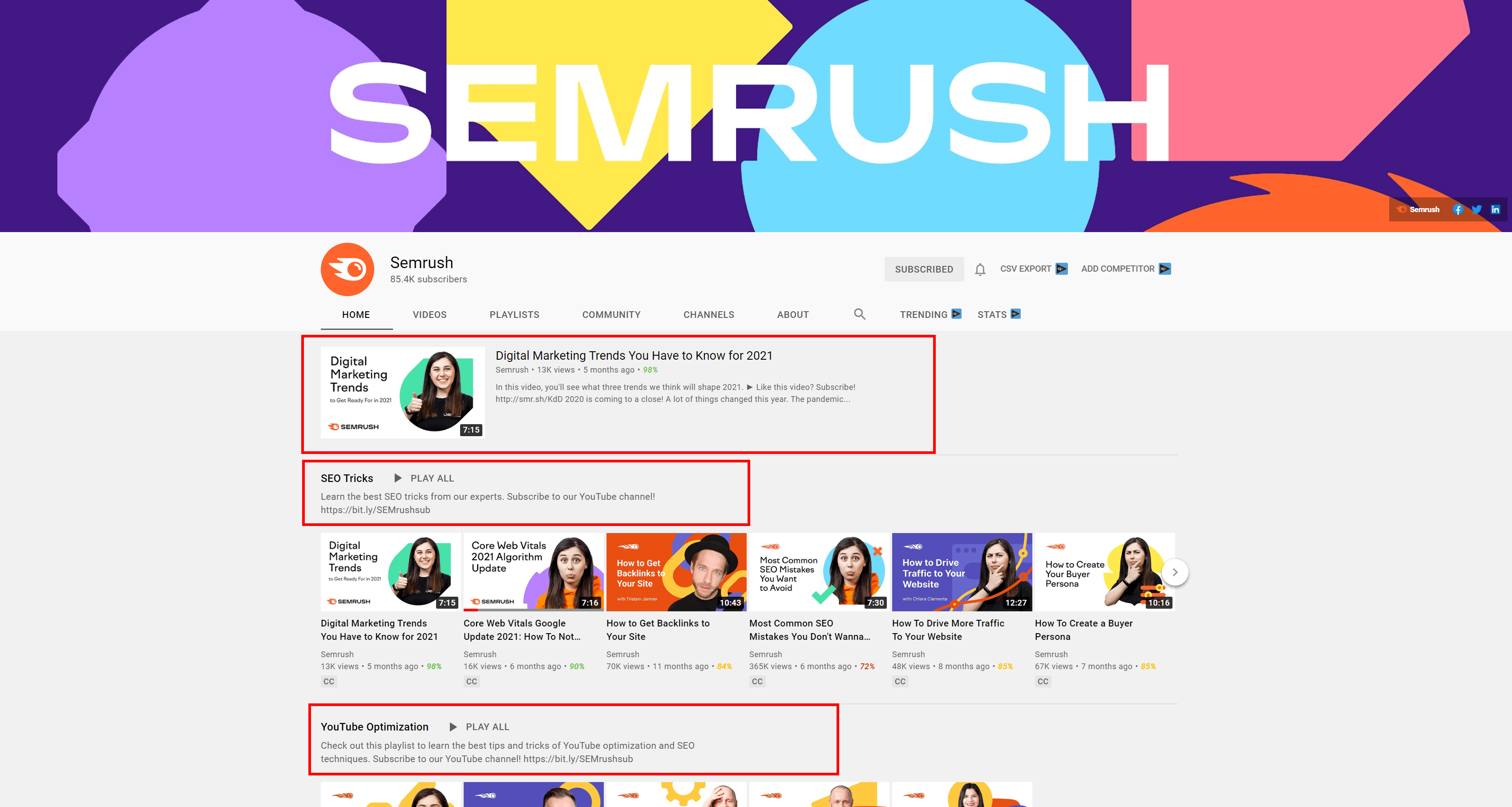 SEMrush's playlists on its YouTube channel