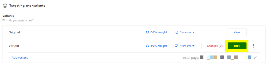 Editing variant in Google Optimize