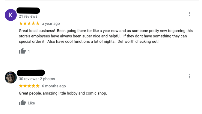 Reviews for a local comic book store on a Google My Business listing