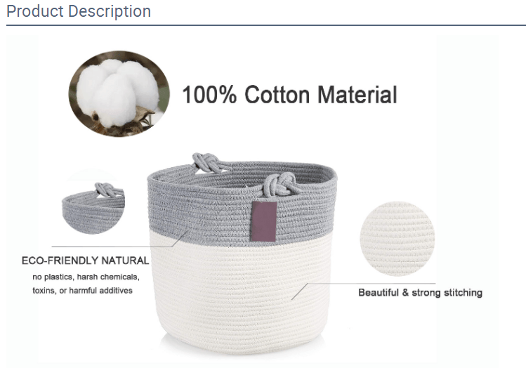 Product description that contains an image of a fabric bin