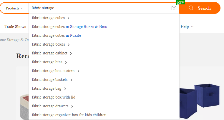 List of suggested keywords from Alibaba's search bar