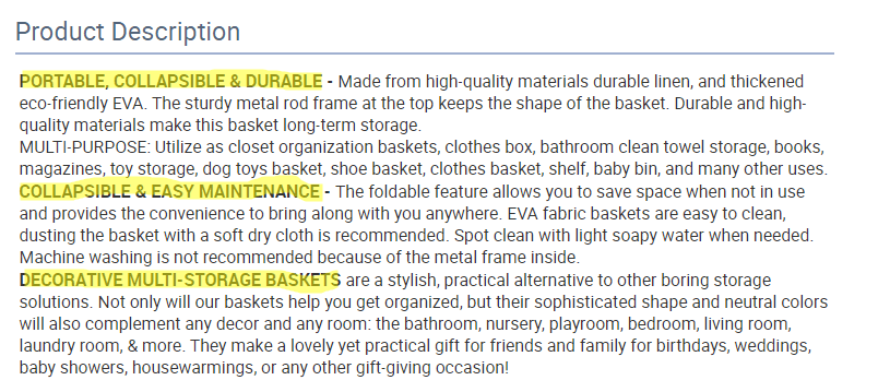 Product description for a fabric bin on Alibaba