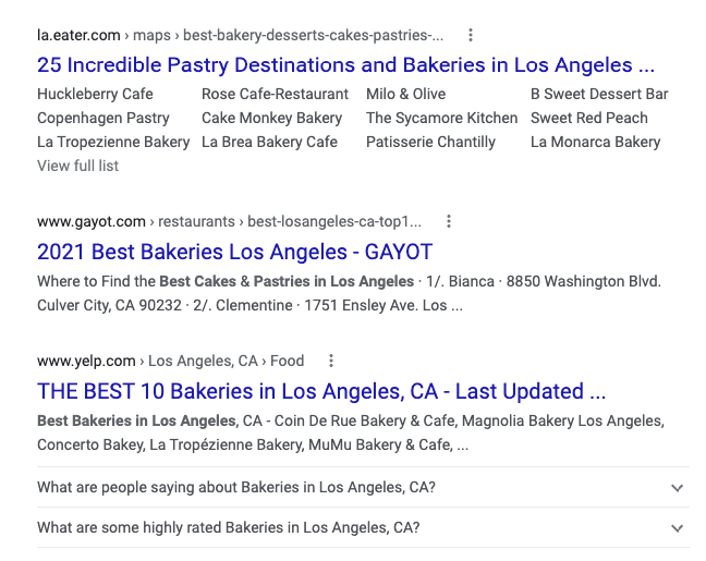 Search results for local bakeries showing different competitors