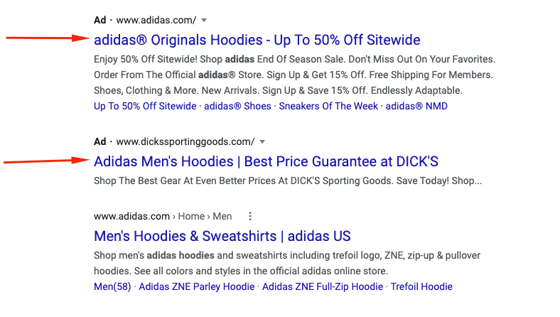 SEM ad in the top of search results 