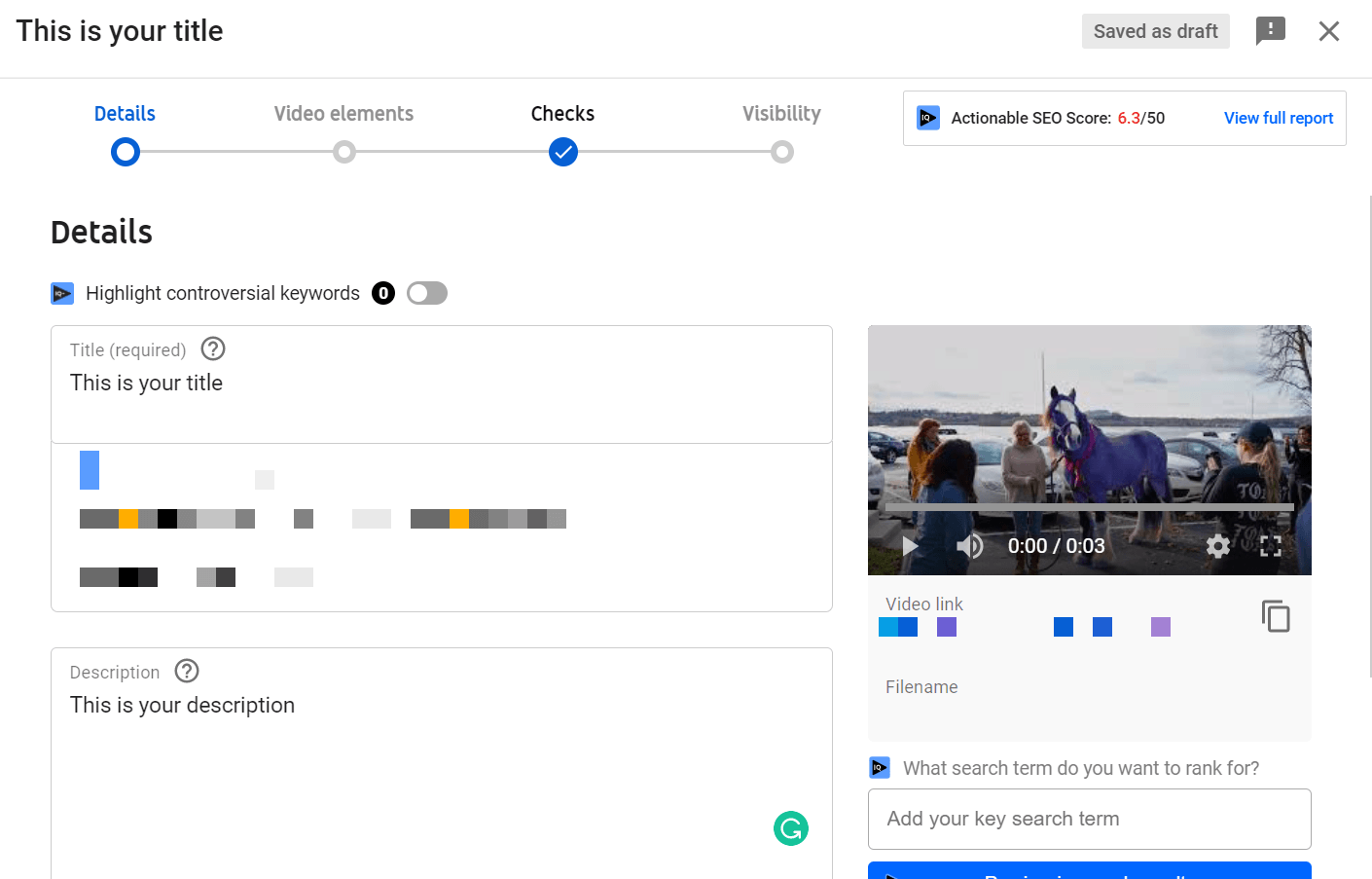 The title and description fields in the YouTube video upload tool