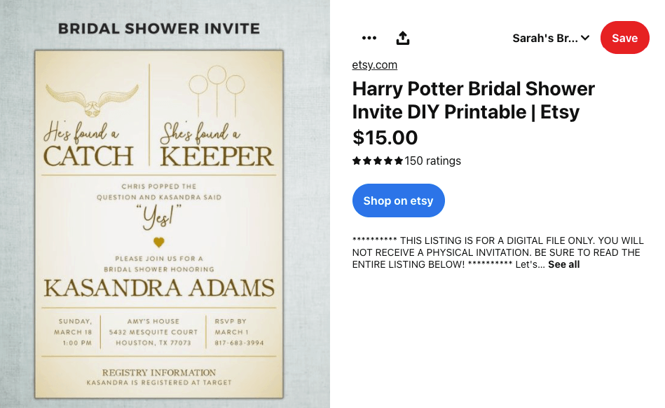 Pinterest pin for a Harry Potter bridal shower invitation