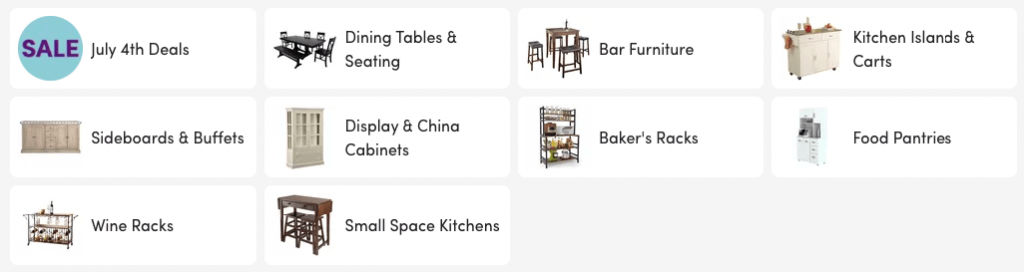 Listing of furniture categories with icon images