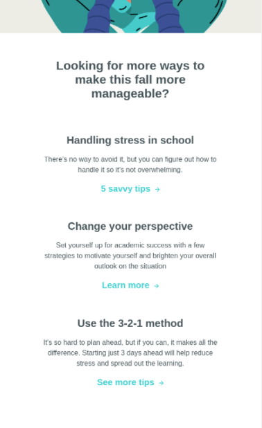 Content in an email that focuses on reducing stress