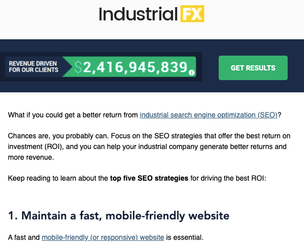 IndustrialFX sign-up page for newsletter