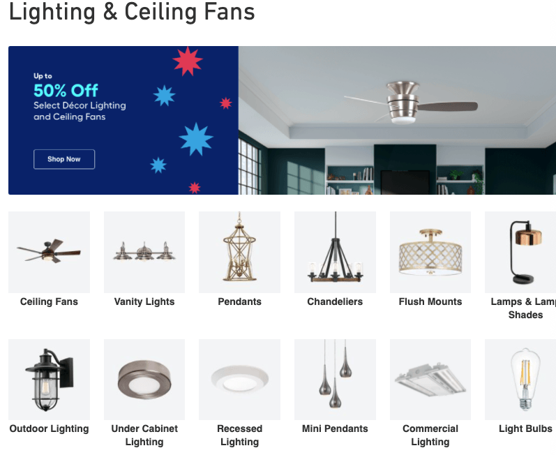 Category page on Lowe's website for lighting products