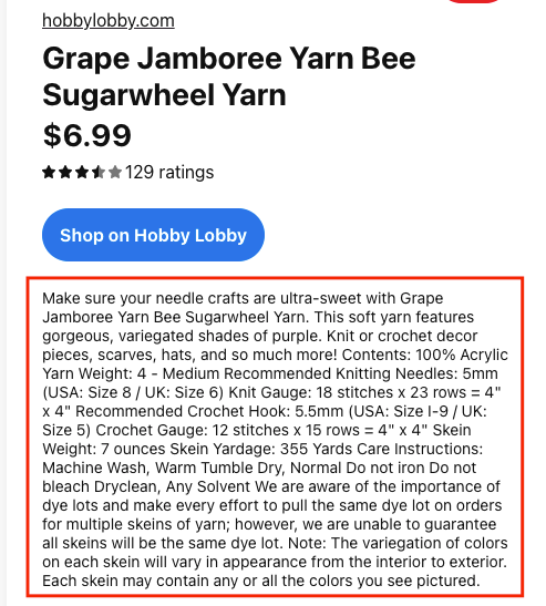 Product description from a pin about purple yarn