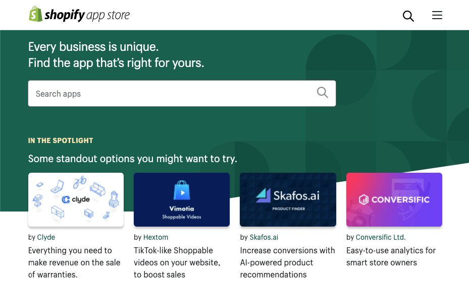 Shopify's app store homepage