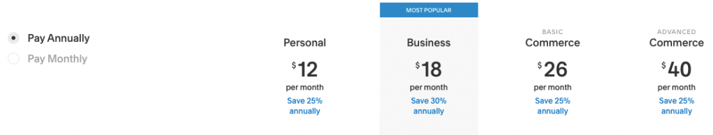 Pricing chart for Squarespace