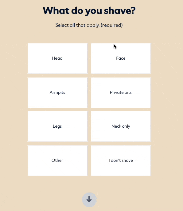 Dollar Shave Club's user interface for their quiz