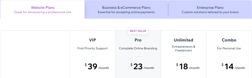 Pricing for Wix's web design