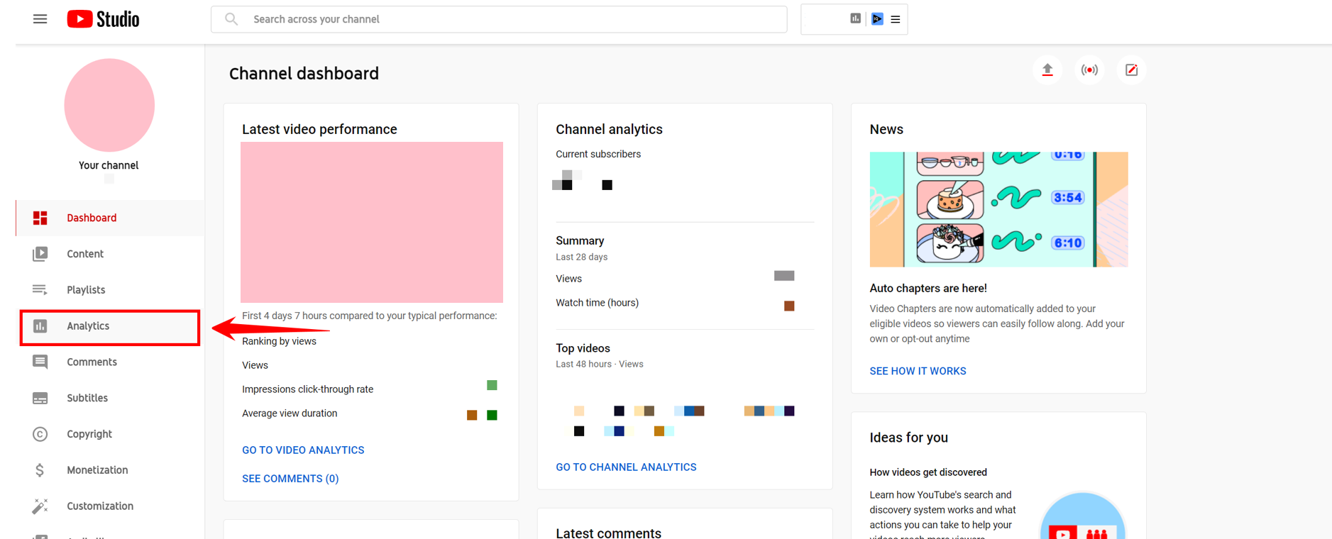 The YouTube Analytics tab of the YouTube Studio dashboard