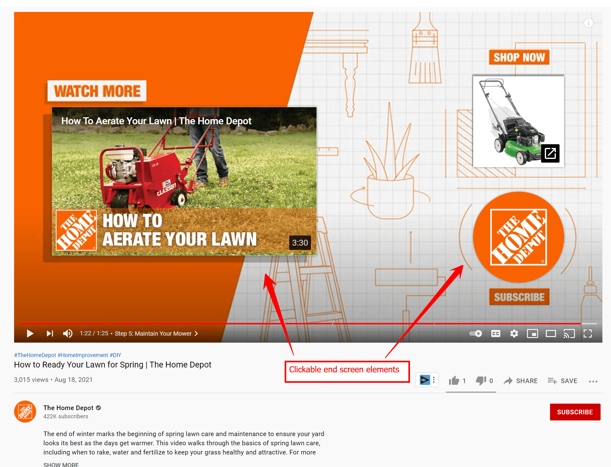 An orange and white YouTube End Screen for a Home Depot video about lawn mowers