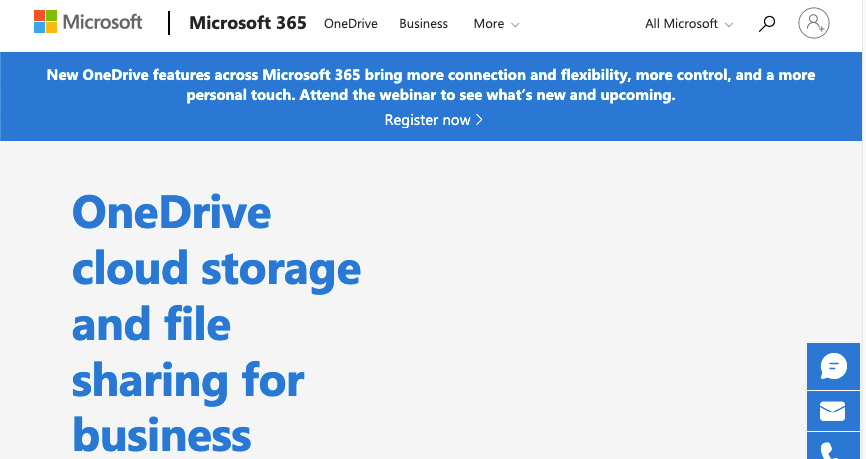 Homepage for Onedrive from Microsoft